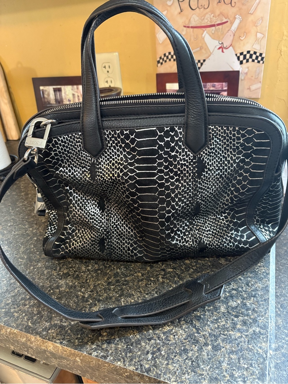 Aimee Kestenberg leather black and silver metallic satchel purse bag. - Picture 2 of 13